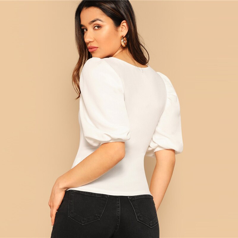 Women's Elegant Style Puff Sleeve White Tee