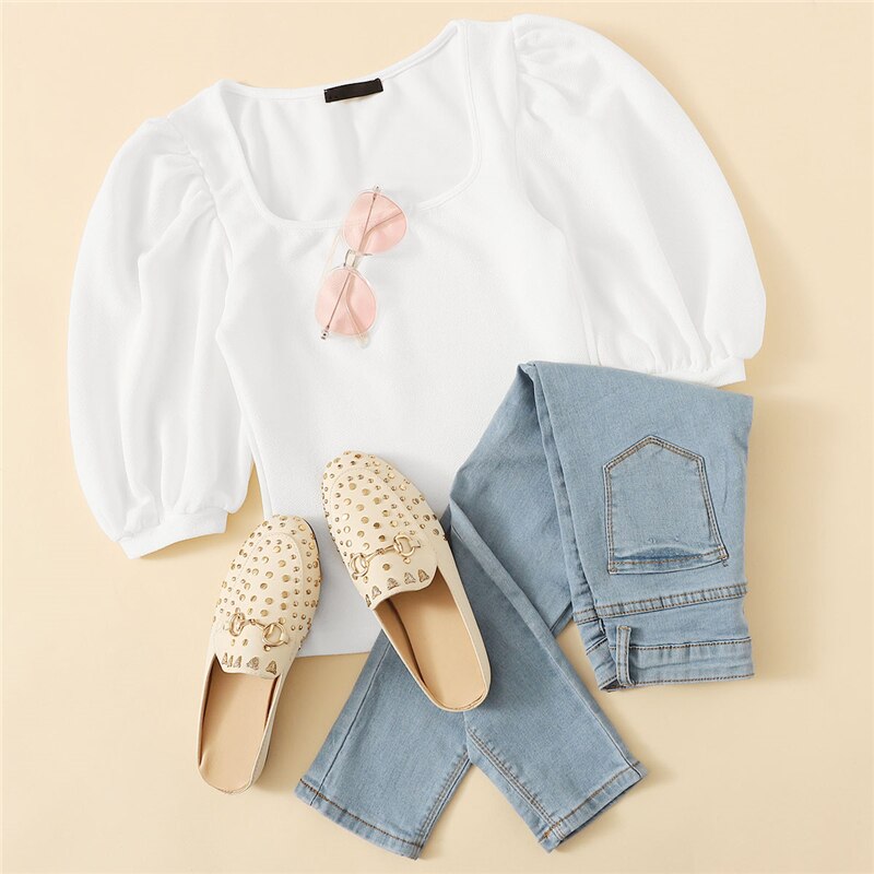 Women's Elegant Style Puff Sleeve White Tee