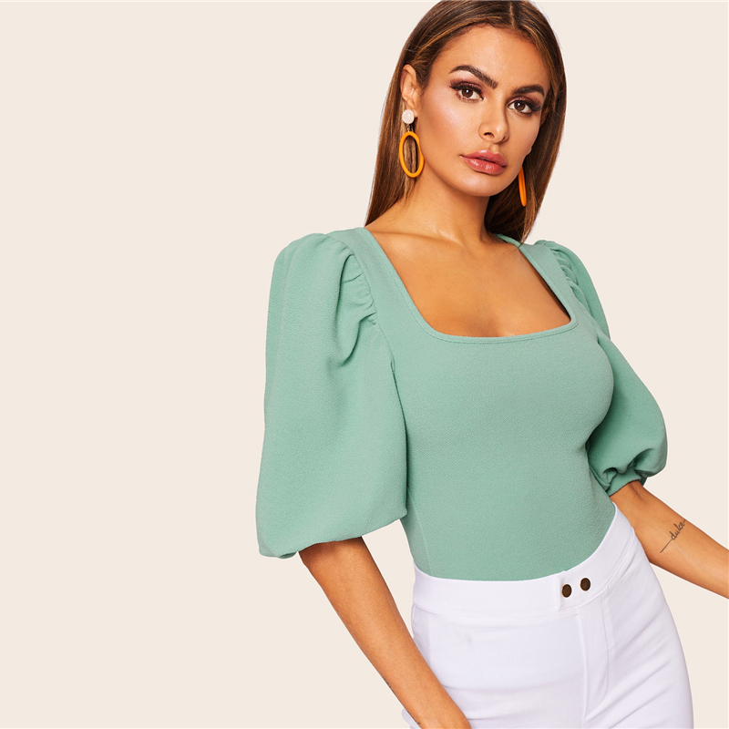 Women's Puff Sleeve Turquoise Blouse