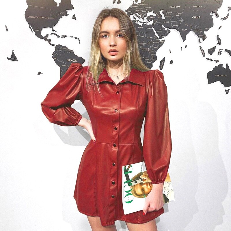 PU Leather Button Down Puff Sleeve Mini Dress