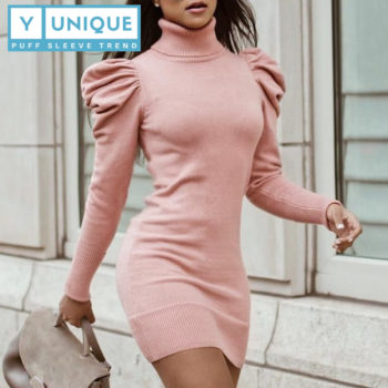 Turtleneck Bodycon Puff Sleeve Dress 2