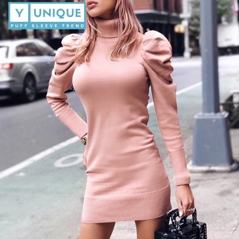 Turtleneck Bodycon Puff Sleeve Dress