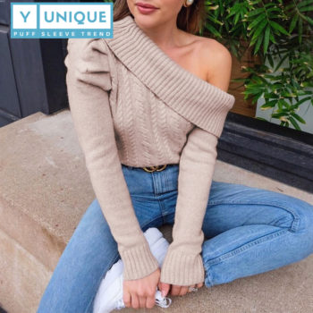 Knitted One Shoulder Puff Sleeve Top 2