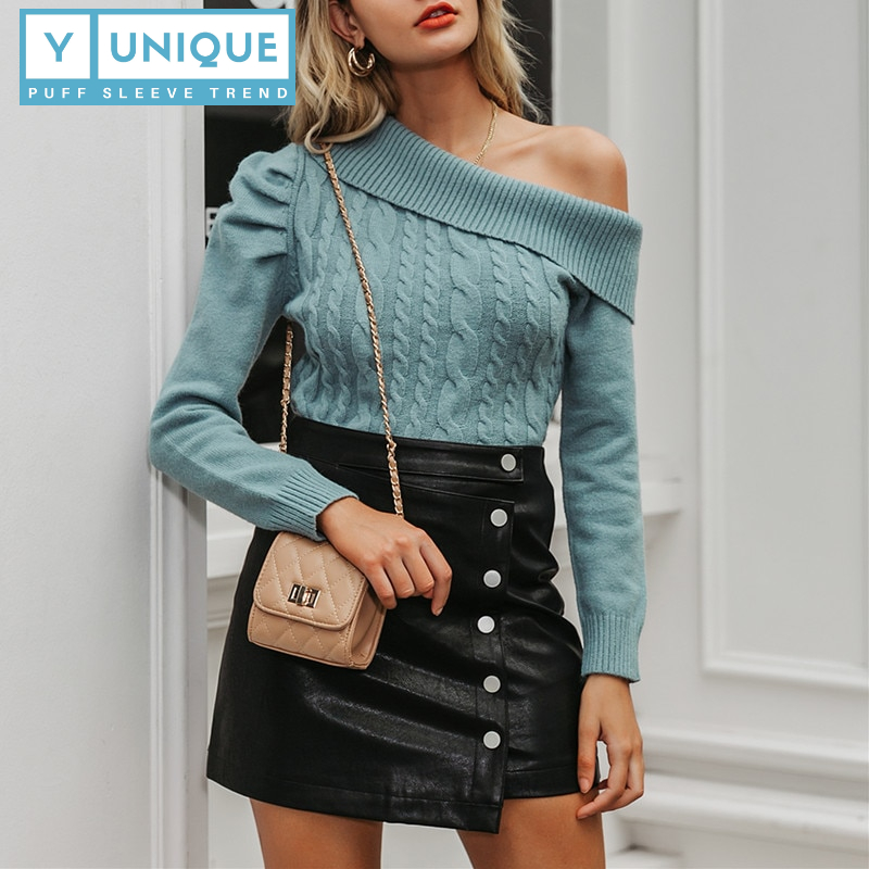 Knitted One Shoulder Puff Sleeve Top