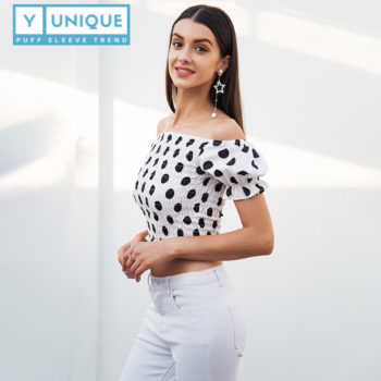 Smocking Polka Off The Shoulder Puff Sleeve Crop Top 1