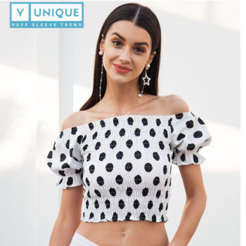 Smocking Polka Off The Shoulder Puff Sleeve Crop Top 2