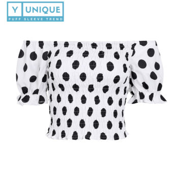 Smocking Polka Off The Shoulder Puff Sleeve Crop Top 6