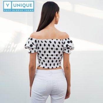 Smocking Polka Off The Shoulder Puff Sleeve Crop Top 3