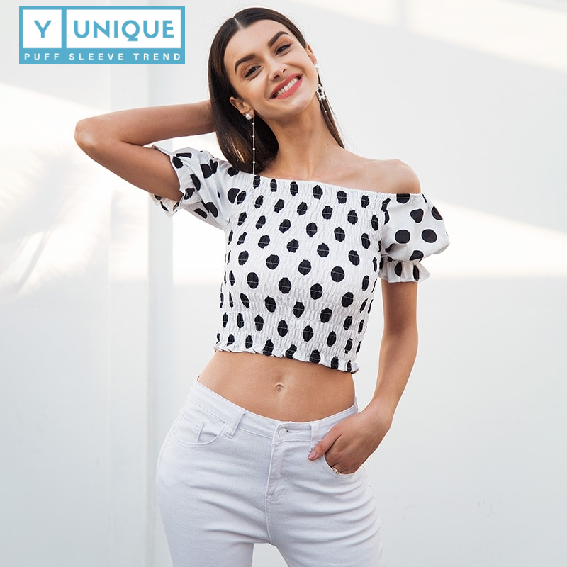 Smocking Polka Off The Shoulder Puff Sleeve Crop Top