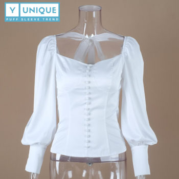 Tie-Back Square Collar Puff Sleeve Top With Buttons 5