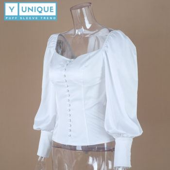 Tie-Back Square Collar Puff Sleeve Top With Buttons 6