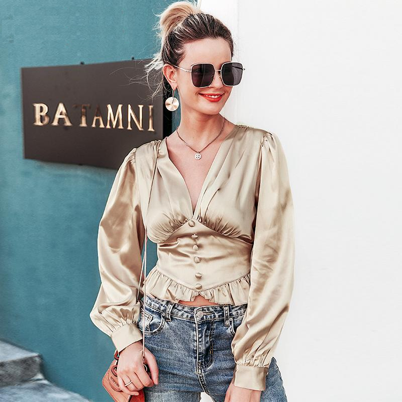 Deep V-Neck Satin Puff Sleeve Blouse With Ruffled End