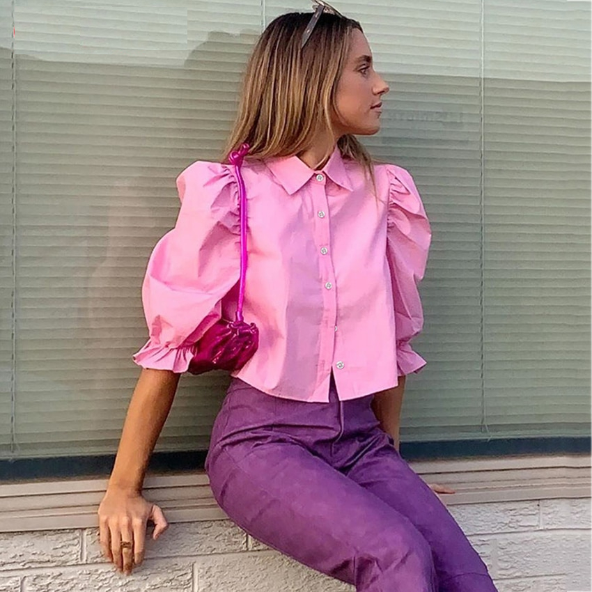 Crop Top Office Puff Sleeve Shirt