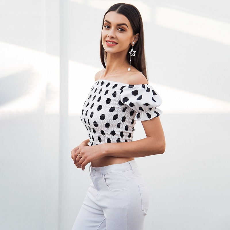 Polka Dots Off The Shoulder Puff Sleeve Top