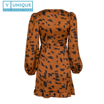 Drawstring V-Neck Puff Sleeve Dress With Leopard Print 8