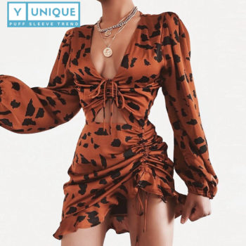 Drawstring V-Neck Puff Sleeve Dress With Leopard Print 5