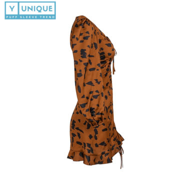 Drawstring V-Neck Puff Sleeve Dress With Leopard Print 7