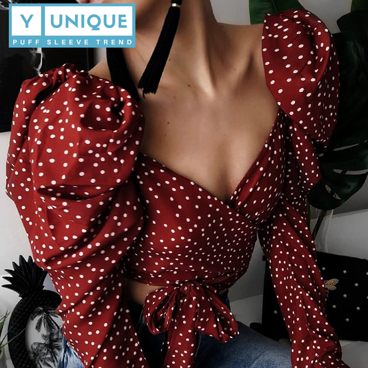 Tied-Up Polka Dot Puff Sleeve Crop Top