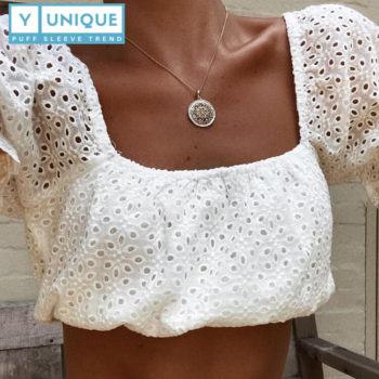 Hollow Out Lace Embroidery Puff Sleeve Crop Top 7