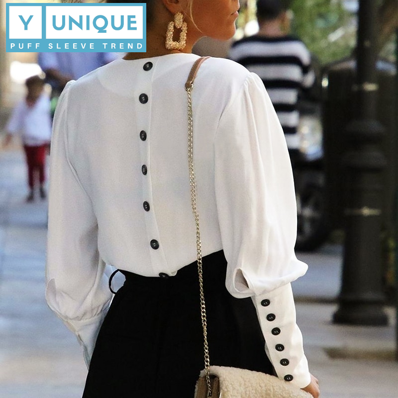 V-Neck Button-Up Puff Sleeve Top