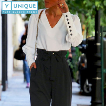 V-Neck Button-Up Puff Sleeve Top 3