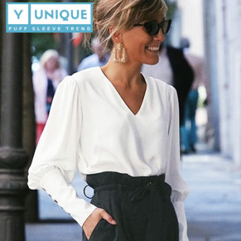 V-Neck Button-Up Puff Sleeve Top 1