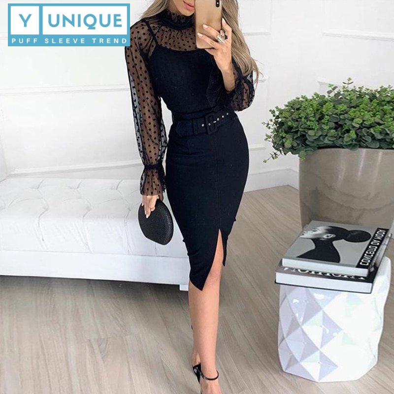 Polka Split-End Bodycon Puff Sleeve Dress With Belt