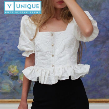 Ruffled High Waist Puff Sleeve Top With Flower Embroidery 2