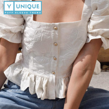 Ruffled High Waist Puff Sleeve Top With Flower Embroidery 4