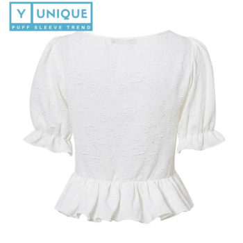 Ruffled High Waist Puff Sleeve Top With Flower Embroidery 6