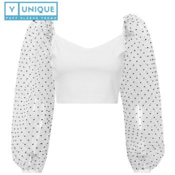 Dots Embroidery Transparent Mesh Puff Sleeve Crop Top 5