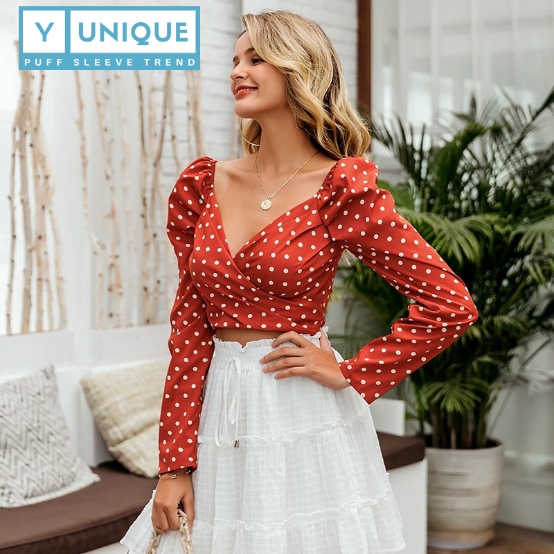 Wrap Style Puff Sleeve Crop Top With Polka Dot Design