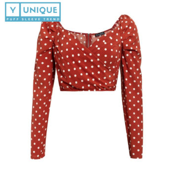 Wrap Style Puff Sleeve Crop Top With Polka Dot Design 4