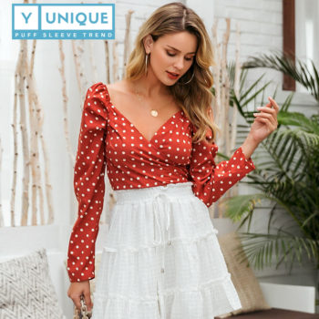 Wrap Style Puff Sleeve Crop Top With Polka Dot Design 2