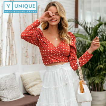 Wrap Style Puff Sleeve Crop Top With Polka Dot Design 1