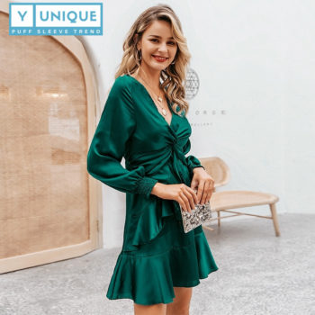 V-Neck Chiffon Ruffled Knot Puff Sleeve Dress 2