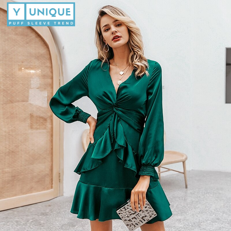 V-Neck Chiffon Ruffled Knot Puff Sleeve Dress | You Is Unique