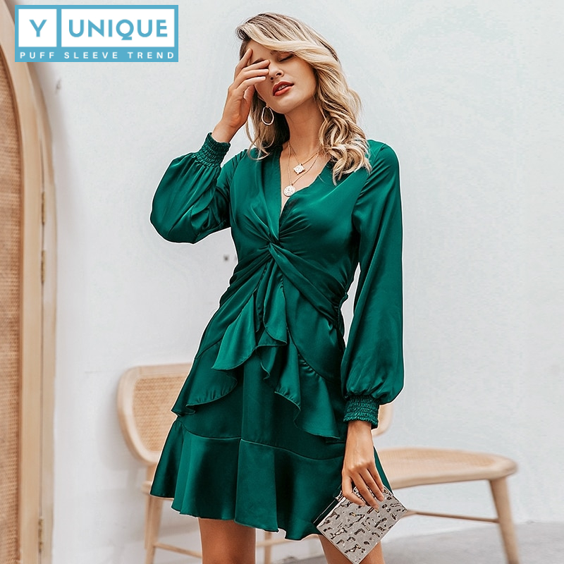 V-Neck Chiffon Ruffled Knot Puff Sleeve Dress