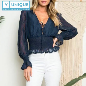 Elastic High Waist Ruffled Puff Sleeve Top 1