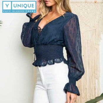 Elastic High Waist Ruffled Puff Sleeve Top 2