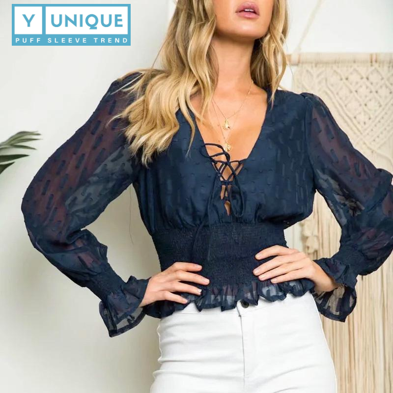 Elastic High Waist Ruffled Puff Sleeve Top