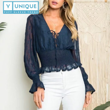 Elastic High Waist Ruffled Puff Sleeve Top 4