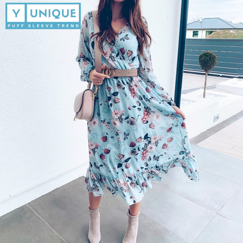 High Waist Boho Puff Sleeve Dress With Floral Print