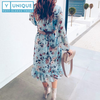 High Waist Boho Puff Sleeve Dress With Floral Print 2