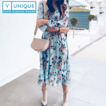 High Waist Boho Puff Sleeve Dress With Floral Print 1