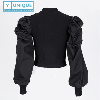 Round Neck Patchwork Long Puff Sleeve Top 8