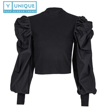 Round Neck Patchwork Long Puff Sleeve Top 7