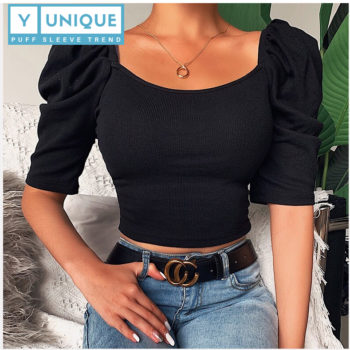 Stretchable Square Neck Puff Sleeve Crop Top 2