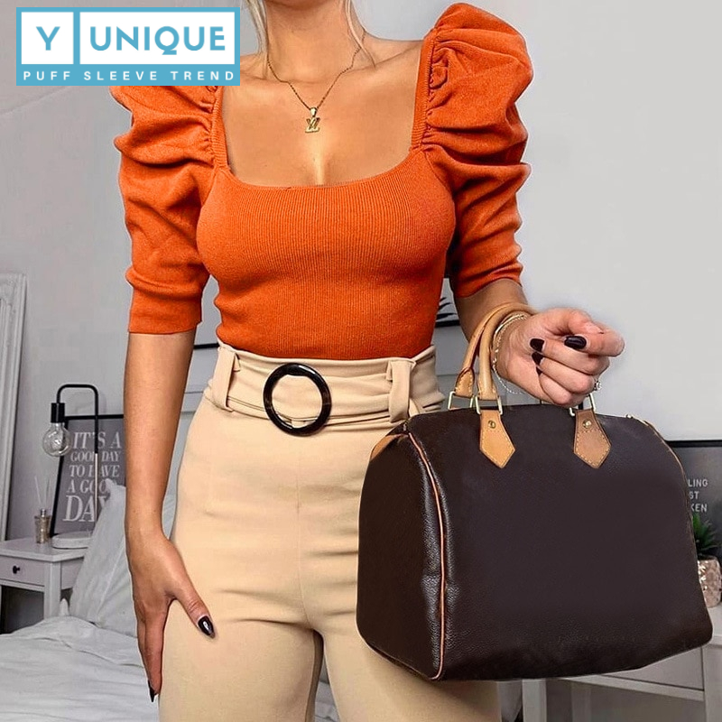 Stretchable Square Neck Puff Sleeve Crop Top