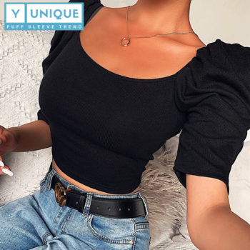 Stretchable Square Neck Puff Sleeve Crop Top 4